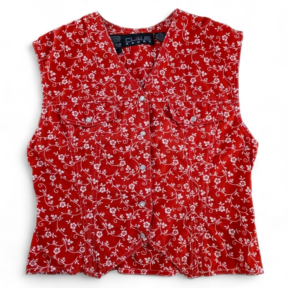 Red Floral Western Cottagecore Top Vest Women Large Cotton Pearl Snap Vtg Y2K